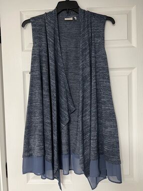 LOGO by Lori Goldstein Blue Draped Sleeveless Cardigan with Chiffon Hem